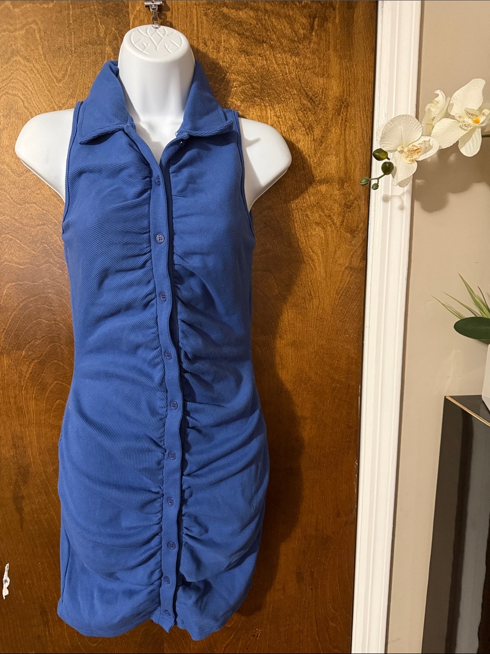 Nasty Gal Blue Ruched Button-Front Sleeveless Dress